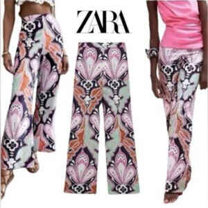 Zara Floral Print Linen Cotton Flare High Waist Trouser pants long tall